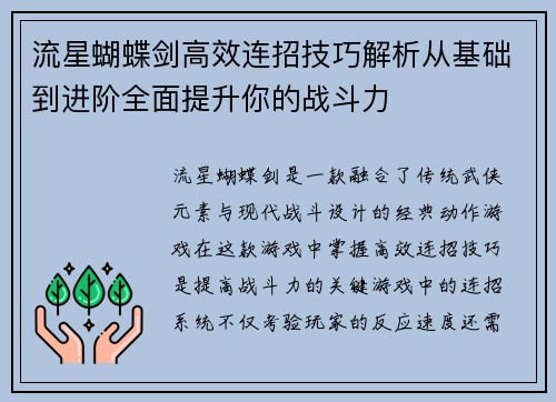 流星蝴蝶剑高效连招技巧解析从基础到进阶全面提升你的战斗力